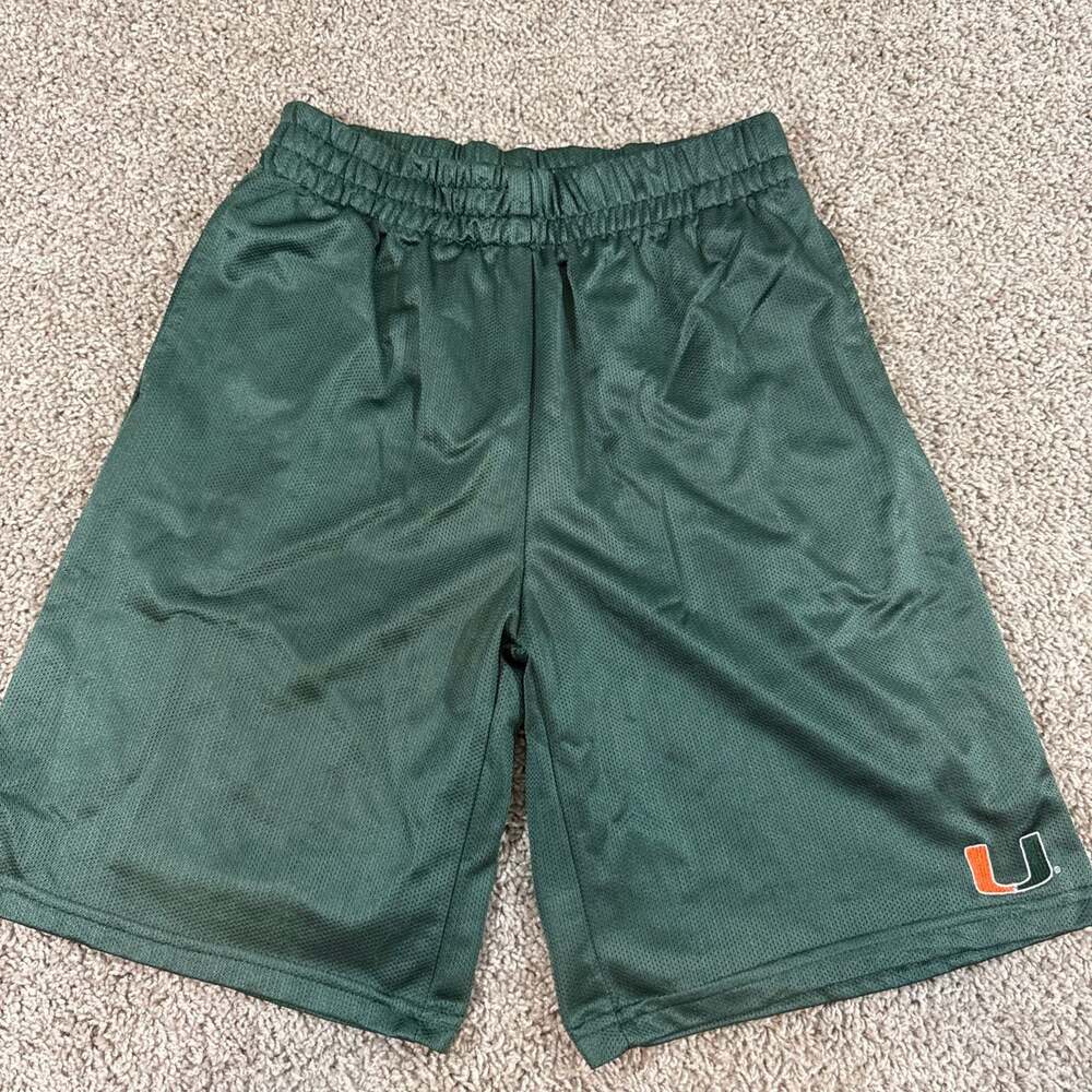 Miami Hurricanes Shorts Youth 16/18 (Mens XS) Green Mesh NCAA Athletic Logo EUC - Picture 1 of 9